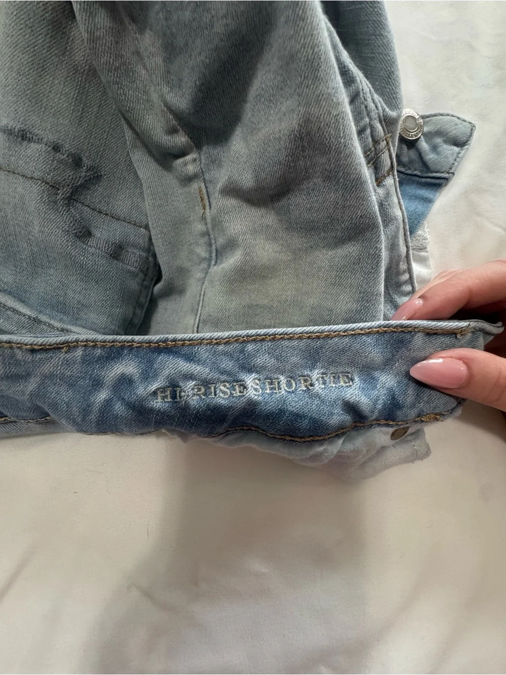 American Eagle Outfitters Hi-Rise Shorties Light Wash Frayed Hem Jean Shorts